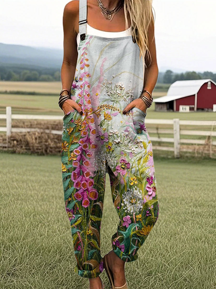 Women's Vintage Flowers Art Print Casual Cotton + Polyester Wide Leg Jumpsuit