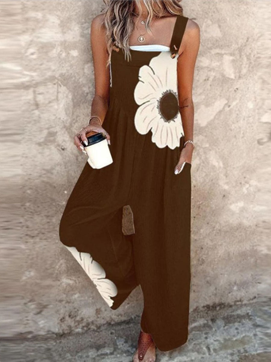 Women's Sleeveless Printed Retro Casual Overalls  Cotton + Polyester Jumpsuit