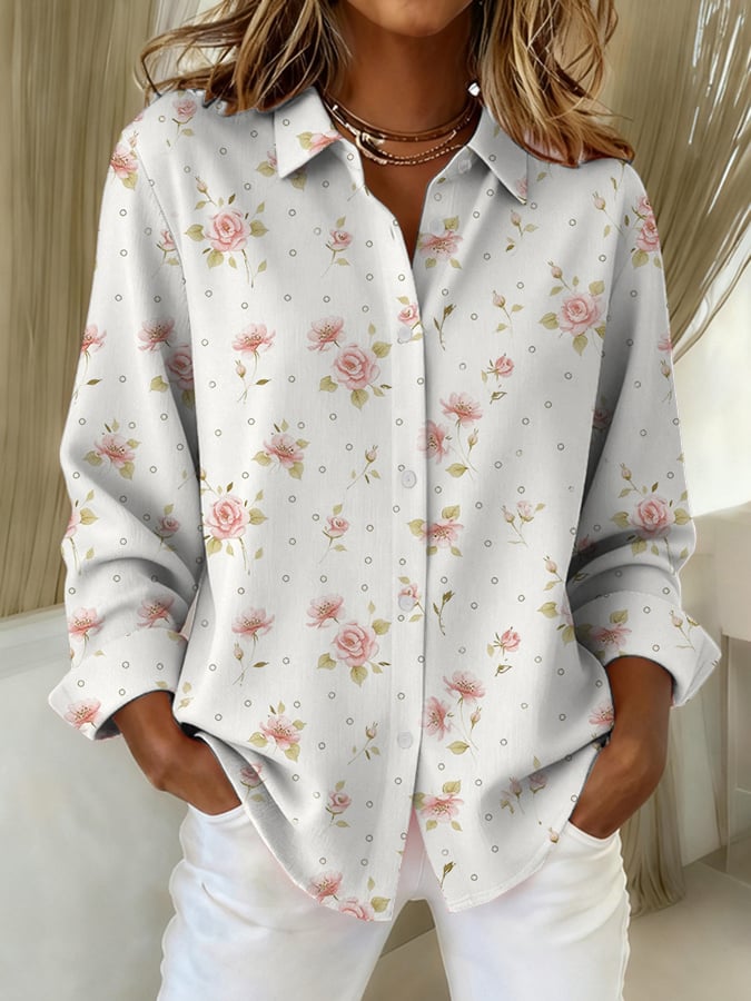 Women's Breast Cancer Art Floral Print Linen Comfort Shirt