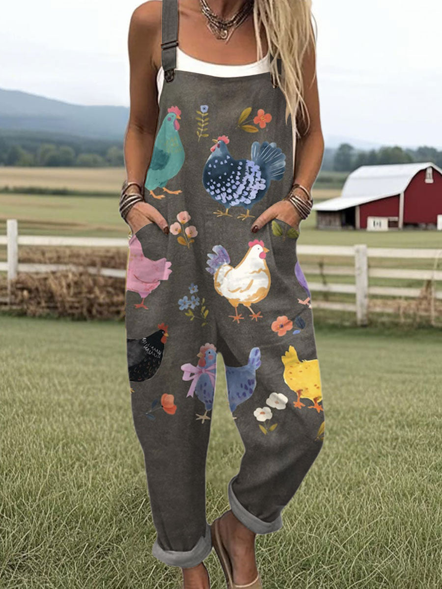 Women's  Vintage Flower Chick Art Print Casual Cotton + Polyester Wide Leg Jumpsuit
