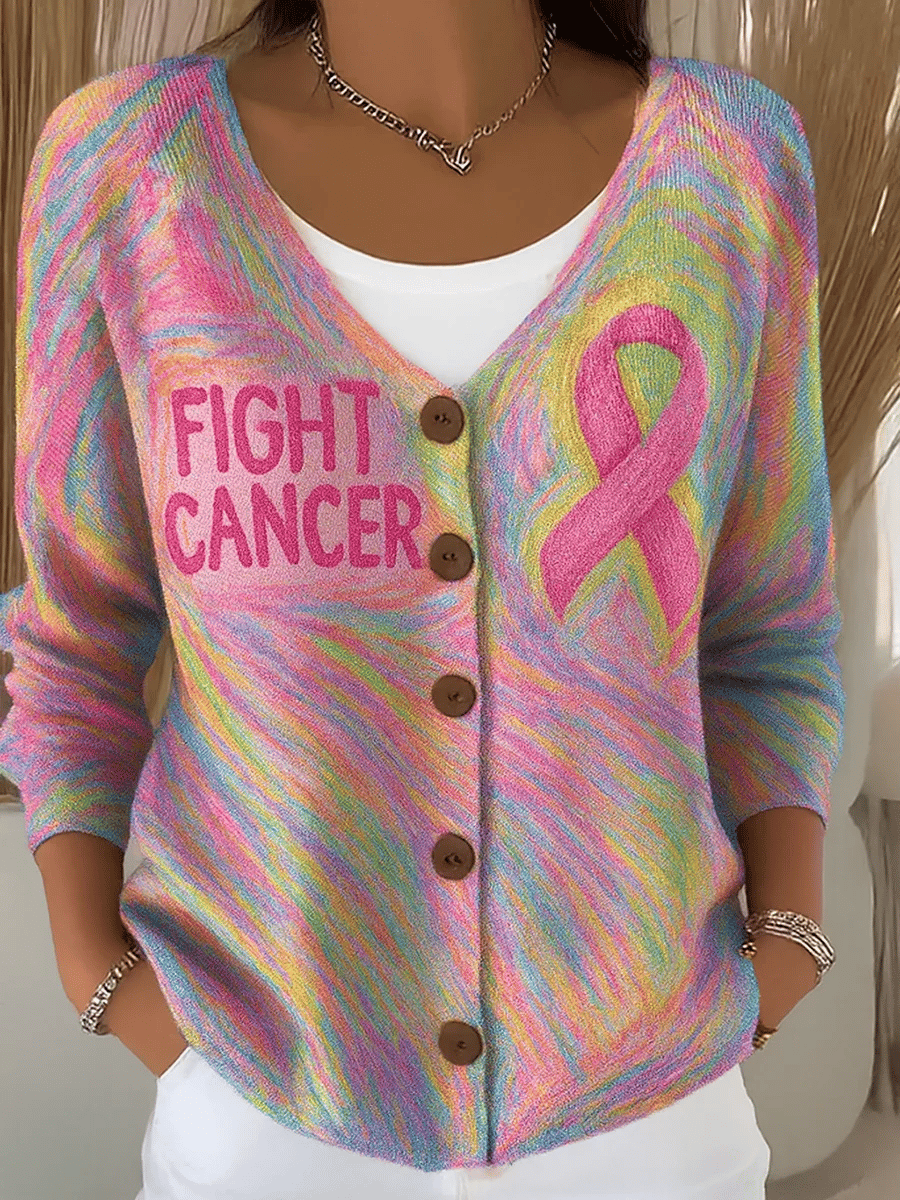 Women's Fight Breast Cancer Pink Crayon Knitting Print Cardigan