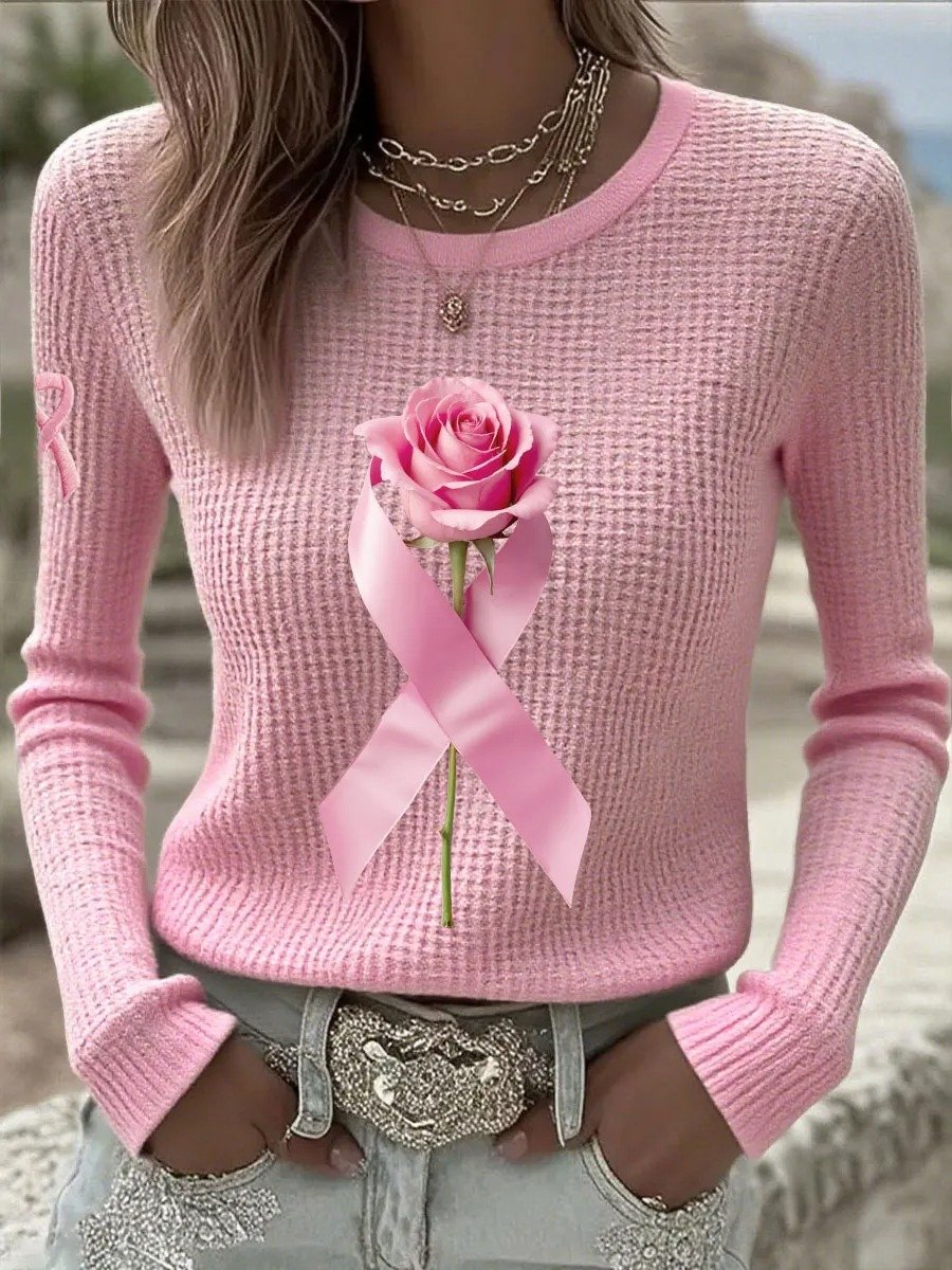 Women's Breast Cancer Ribbon Rose Print Crew Neck Sweater