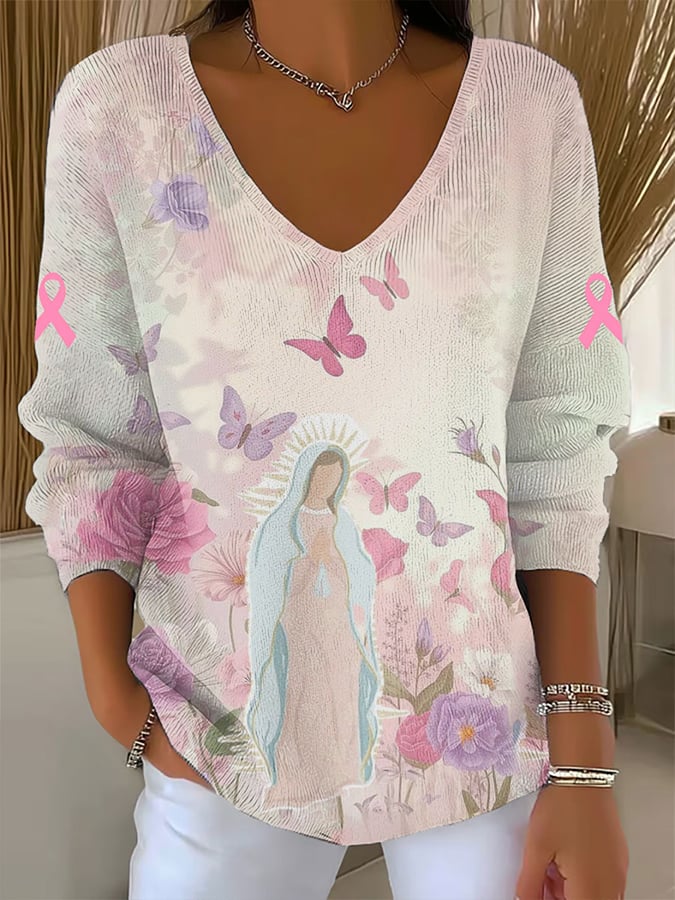 Women'S Virgin Mary Pink Breast Cancer Awareness Print Drop Shoulder Sweater