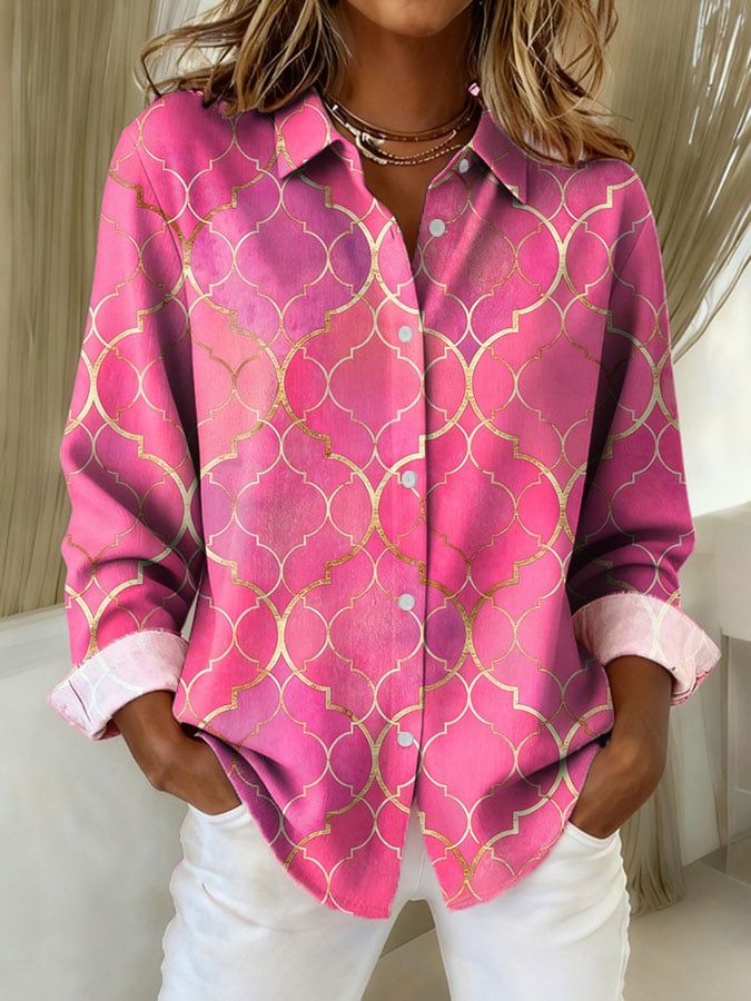 Women's Pink Graphic Print Lapel Long Sleeve Shirt