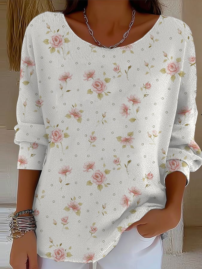 Women's Breast Cancer Art Floral Print Drop Shoulder Sweater