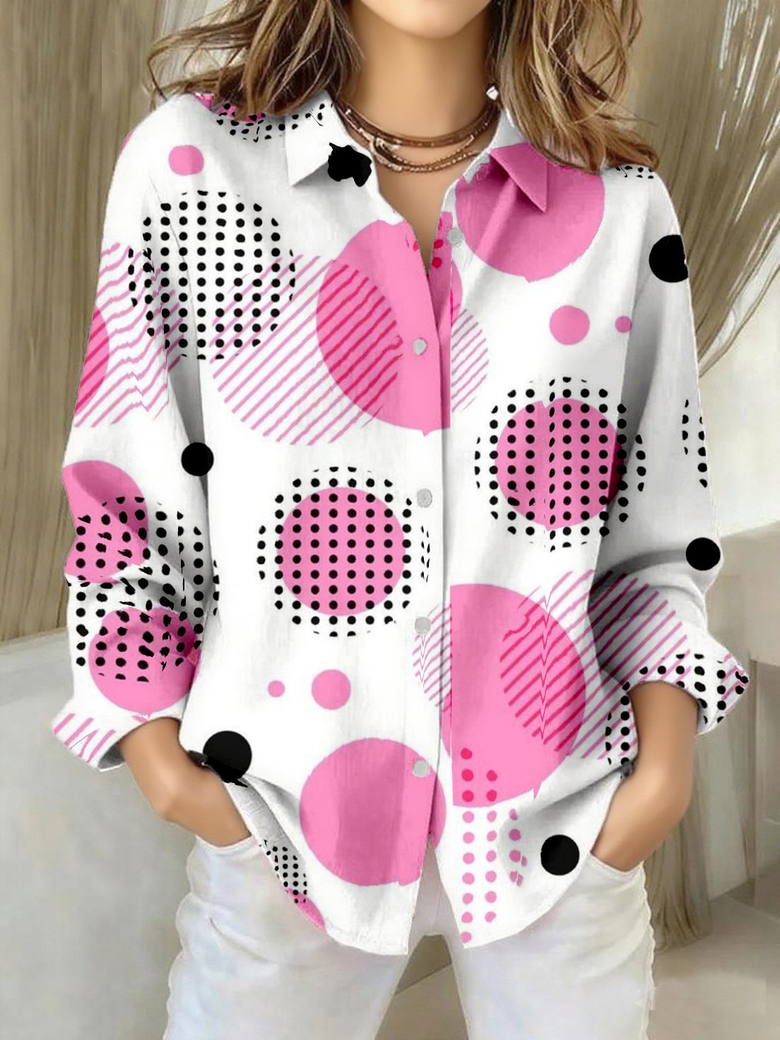 Women's Pink Polka Dot Print Casual Collar Shirt
