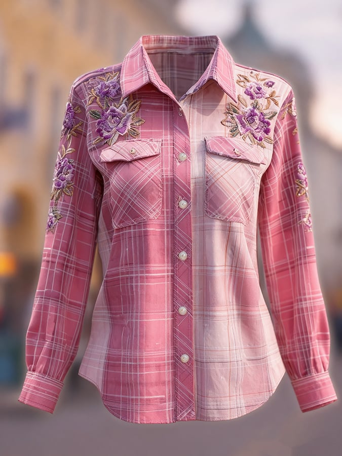 Vintage Pink Floral Check Art Print Casual Shirt