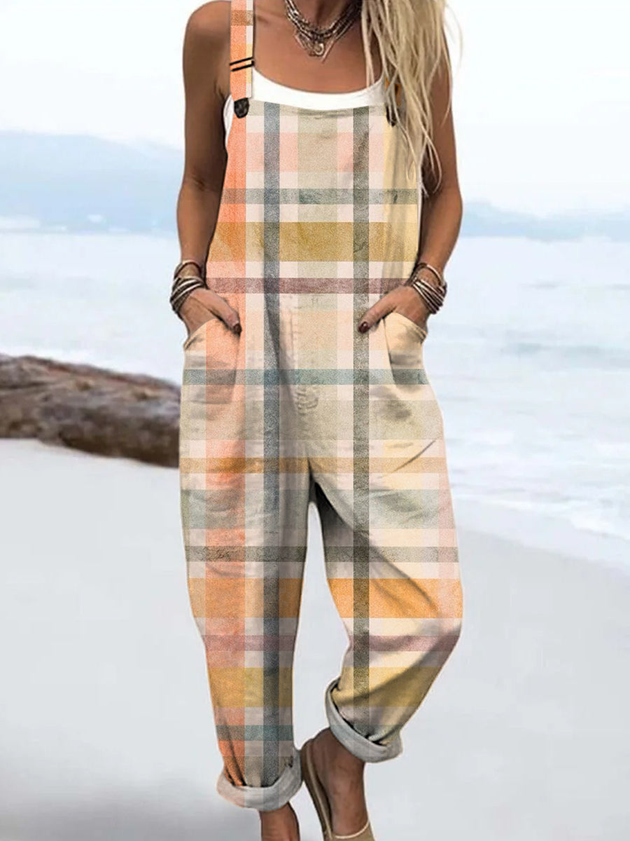 🔥Women's Minimalist plaid art Print Casual   Cotton + Polyester Wide Leg Jumpsuit