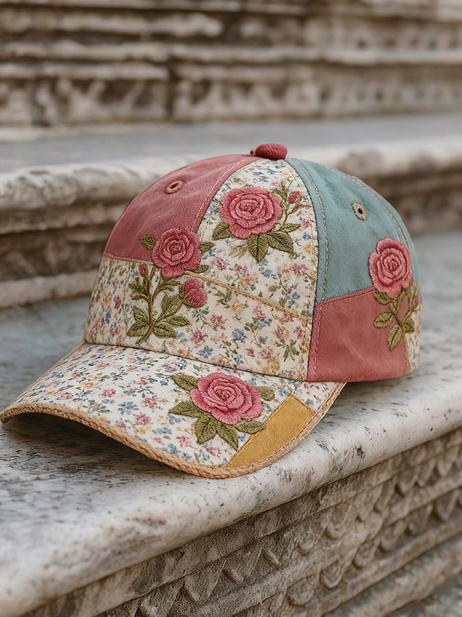 Women's Casual Pink Retro Color Matching Floral Print Hat