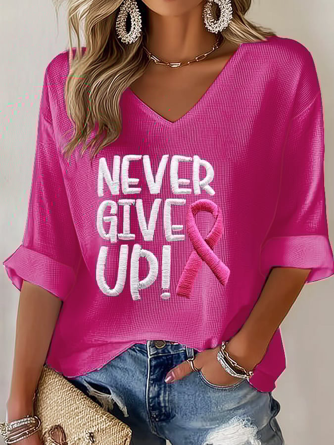 Women's Breast Cancer V-Neck Print Top