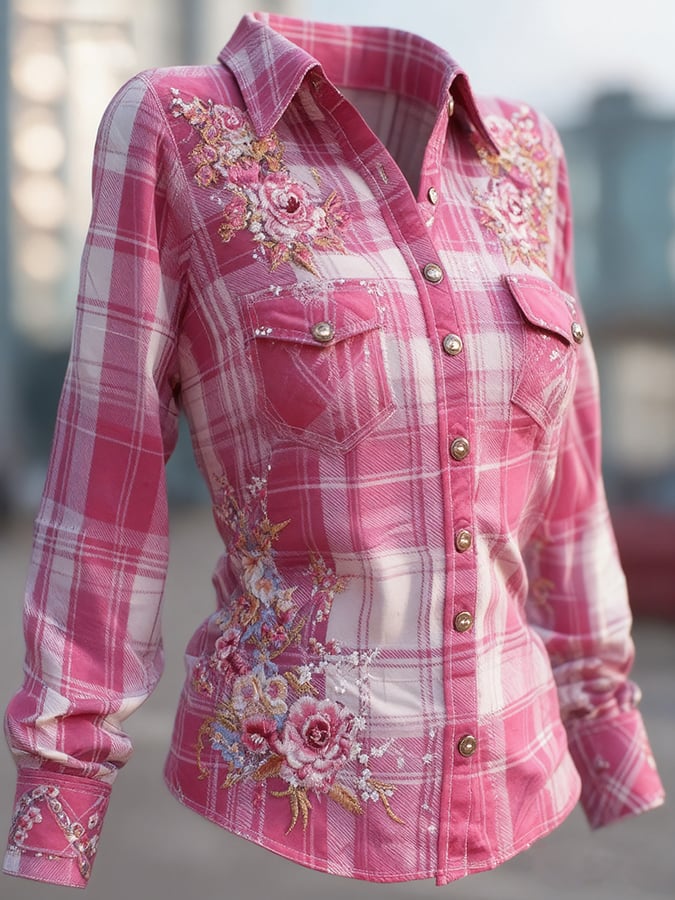 Vintage Pink Floral Check Art Print Casual Shirt