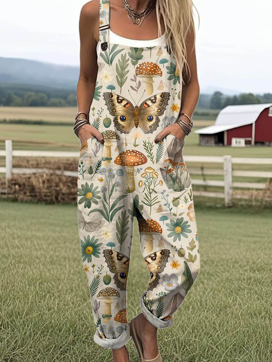 🔥Women's Lovely Butterfly Mushroom Pattern Art Print Casual Cotton + Polyester Wide Leg Jumpsuit
