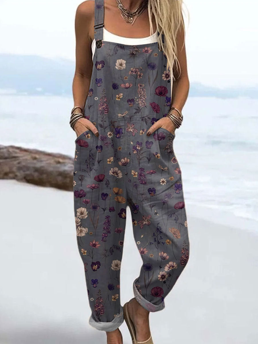 🔥Women's  Vintage Flowers Art Print Casual Cotton + Polyester Wide Leg Jumpsuit 7/7