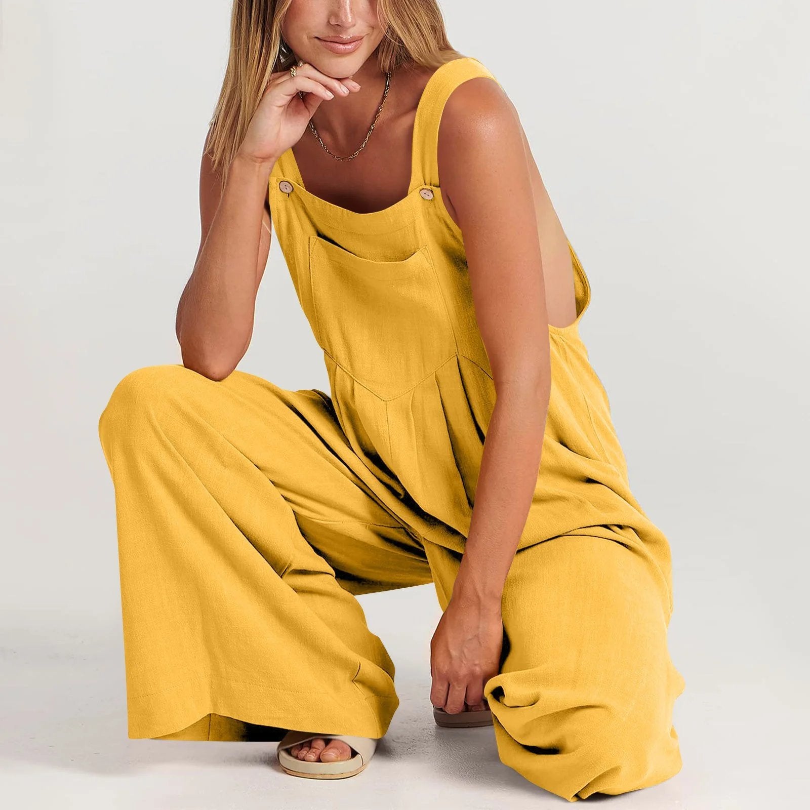 Women's Solid Color Side Pocket Long Cotton + Polyester Jumpsuit