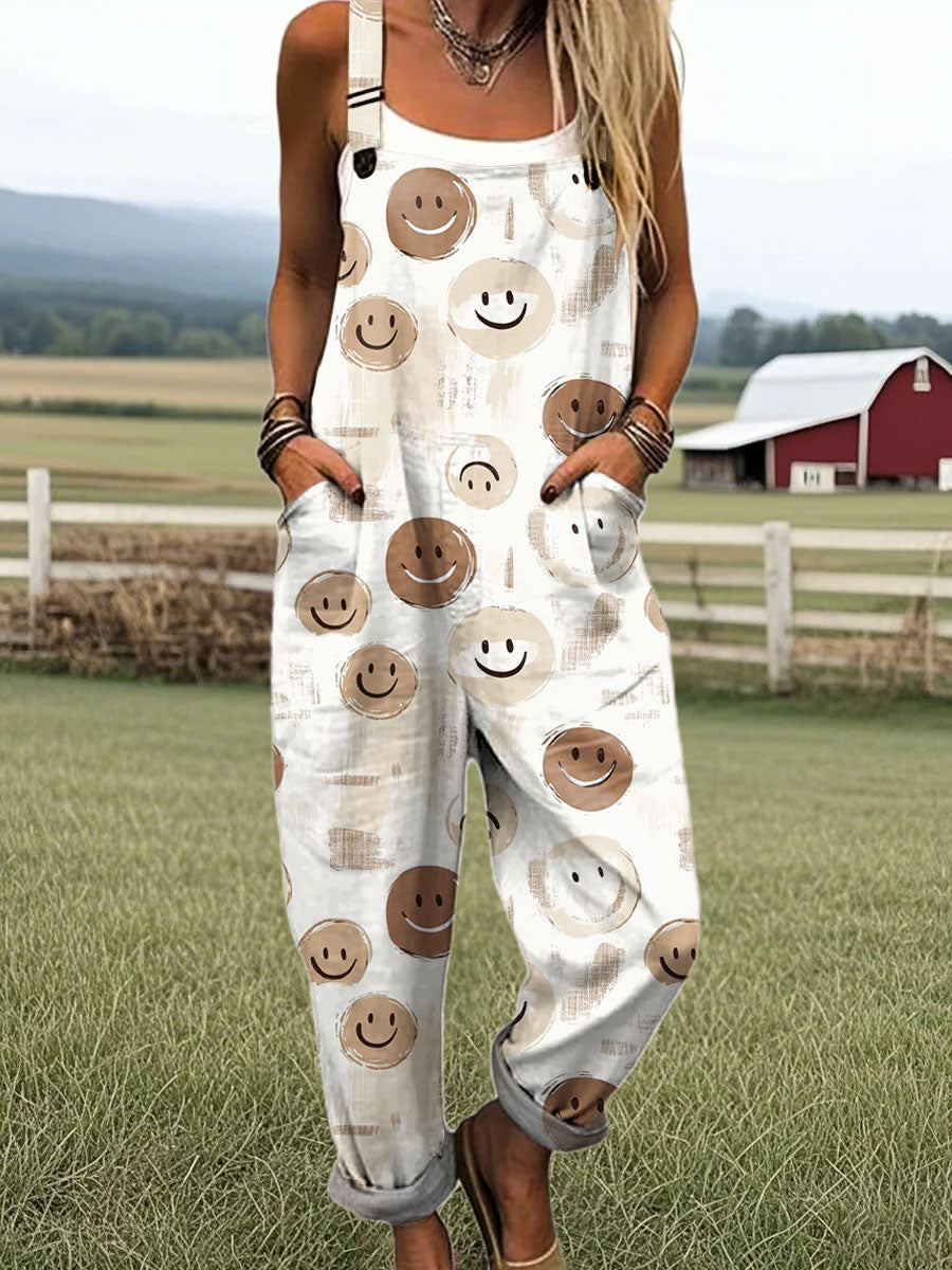 🔥Women's Vintage Smiley Face Art Print Casual Cotton + Polyester Wide Leg Jumpsuit