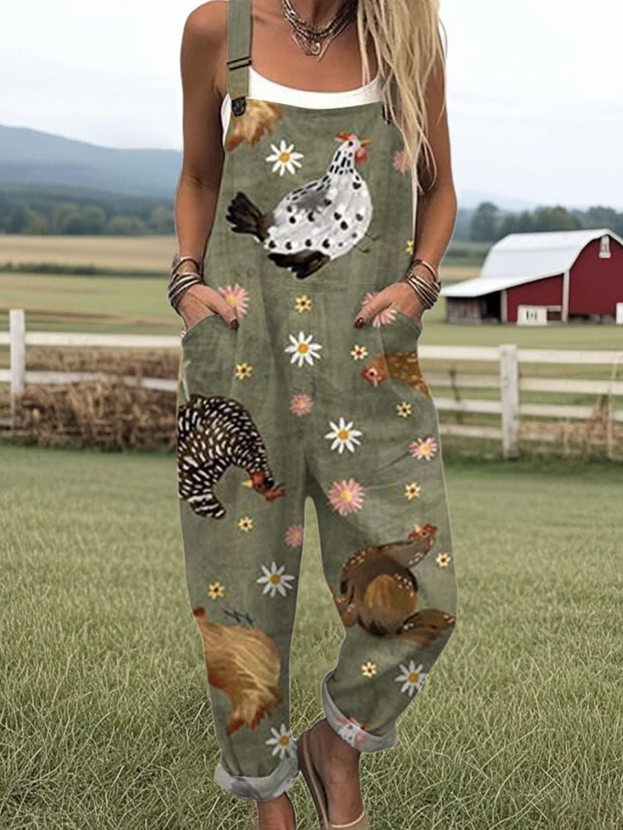 🔥Women's dark green fun chick art print pure cotton casual wide-leg Cotton + Polyester jumpsuit