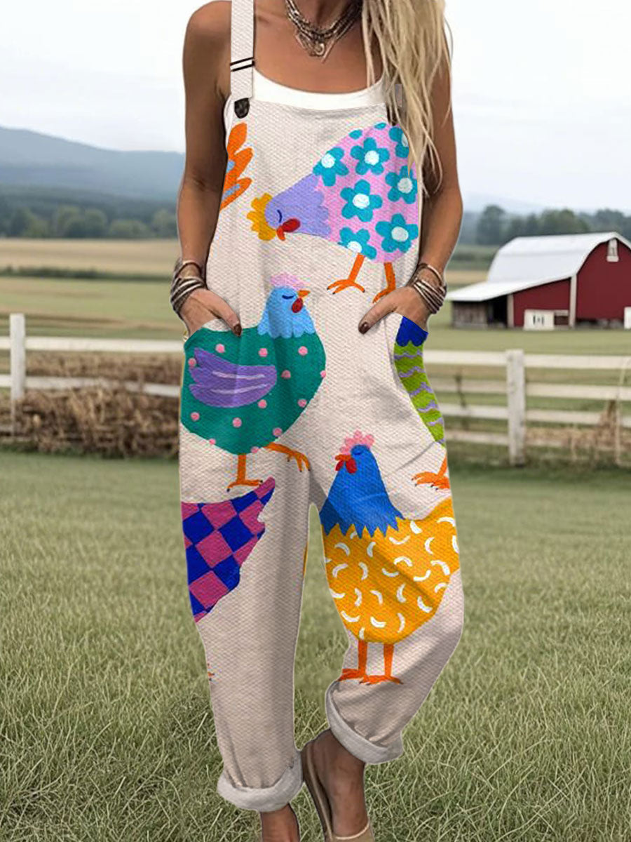 🌷Women's Funny Chick Art Print Casual Cotton + Polyester Wide Leg Jumpsuit 7/4