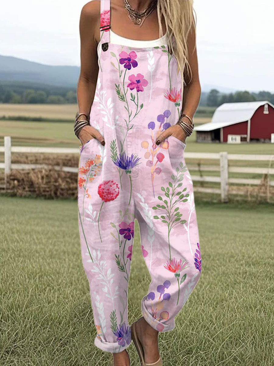🔥Hot sale🔥Women's  Vintage Flower Art Print Casual Cotton + Polyester Wide Leg Jumpsuit