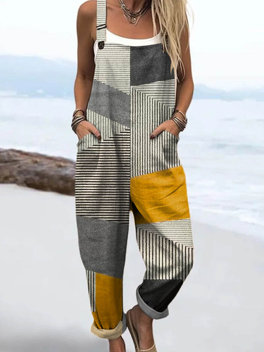 🔥Women's Geometric Pattern Art Print Casual Cotton + Polyester Wide Leg Jumpsuit 8-15