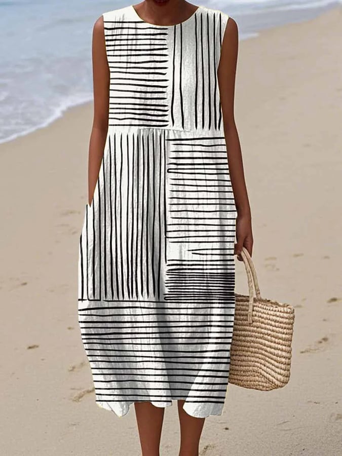 🔥Hot sale🔥Women's Vintage Abstract Geometric Art Print  Sleeveless Cotton Pocket Wrap Dress🔥Hot sale🔥