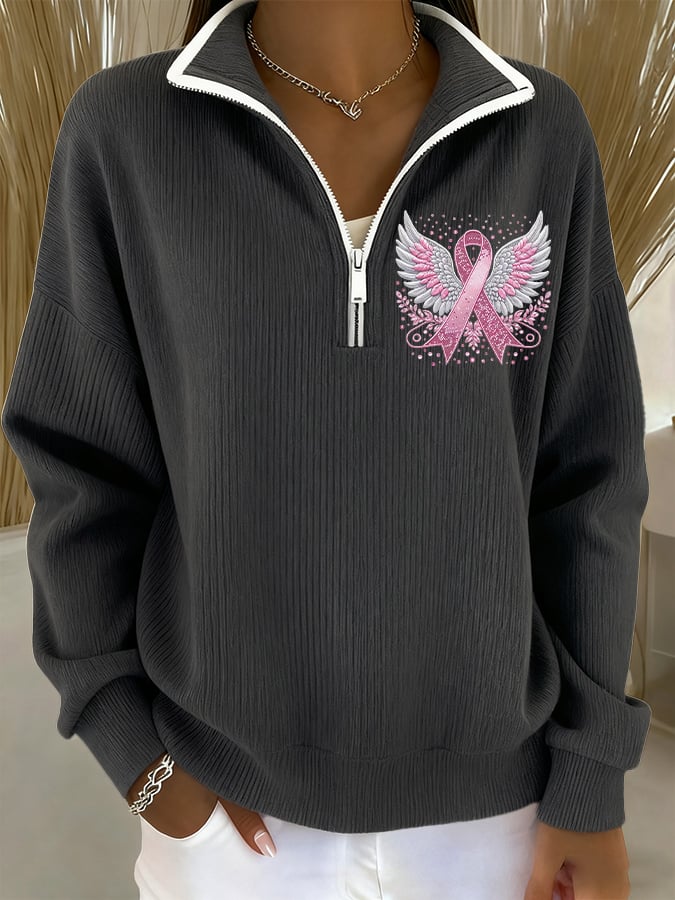 Women's Casual Pink Ribbon Knitted Zipper Sweatshirt
