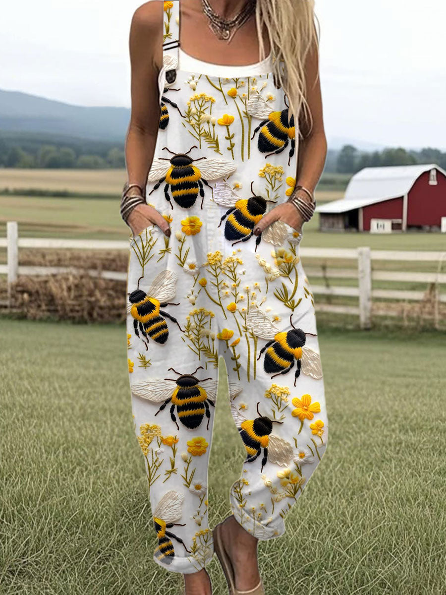 🔥Women's white bee retro floral art print casual wide-leg Cotton + Polyester jumpsuit