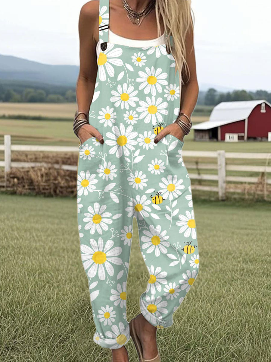 Women's  Bee Vintage  Flowers Art  Print Casual Cotton + Polyester Wide Leg Jumpsuit
