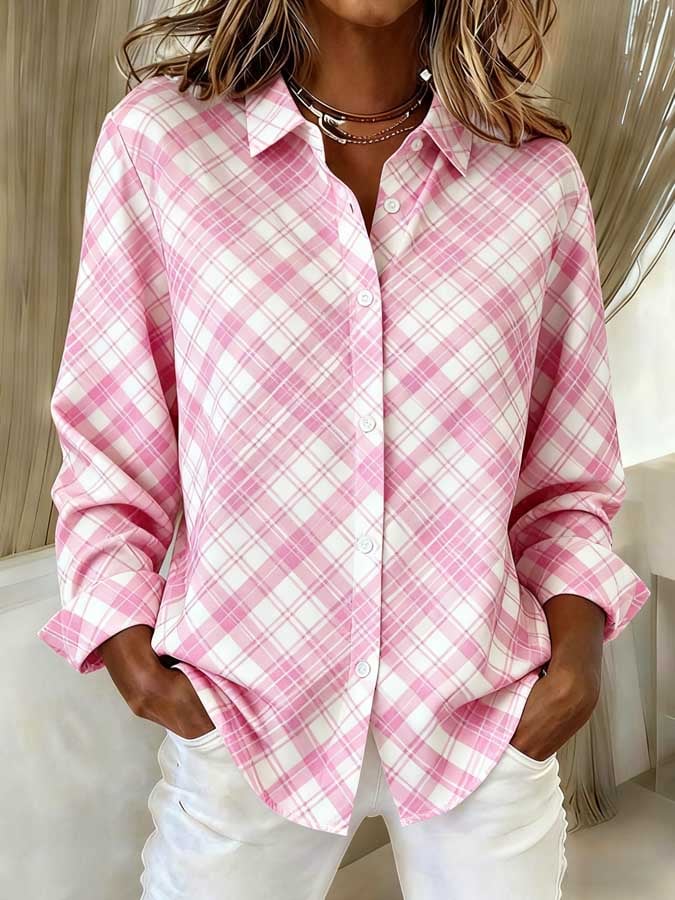 Women's Pink Plaid Print Lapel Long Sleeve Shirt